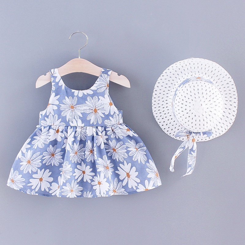 Baby Daisy Print Bowknot Decor Dress with Straw Hat